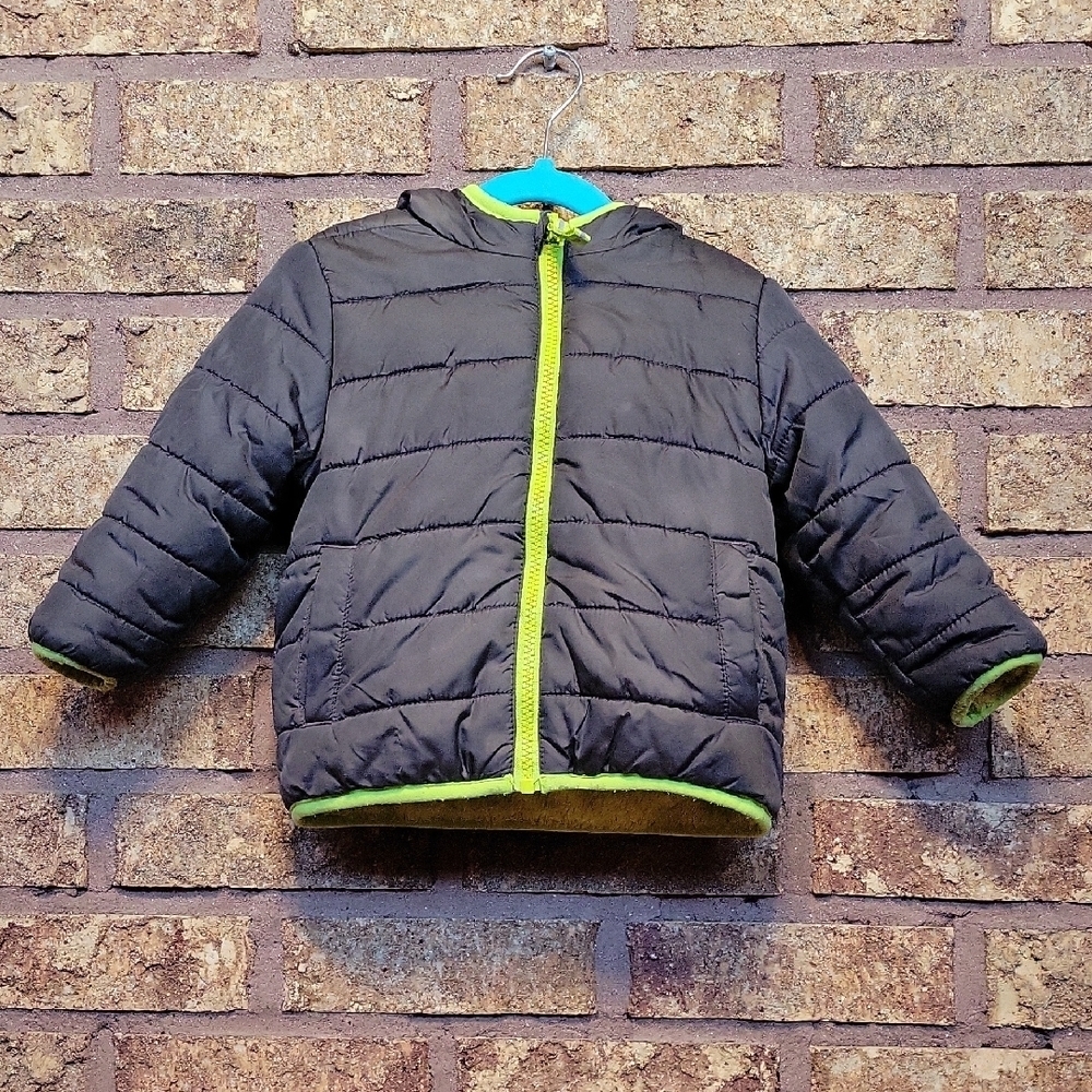 Cat & Jack Black Puffer Jacket With Neon Green Lining Size 18 Months